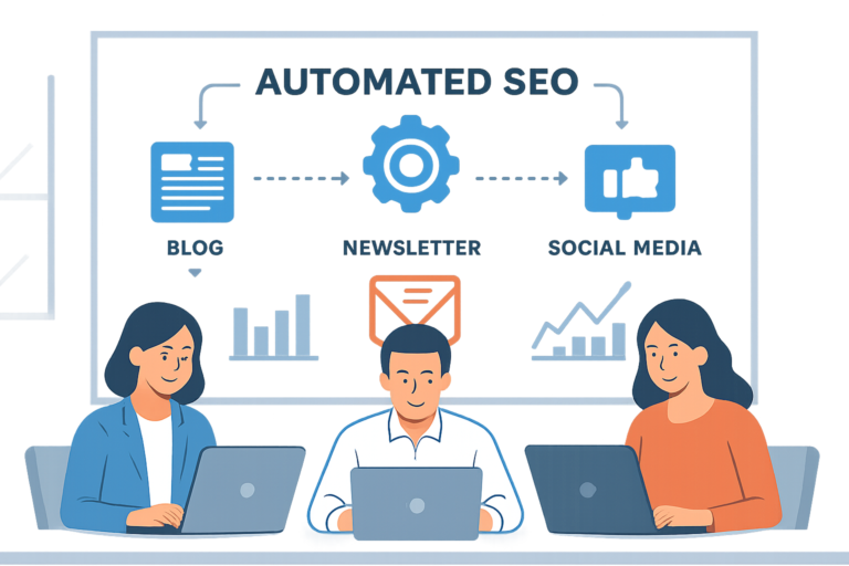 Equipo de marketing digital diseñando un flujo de trabajo SEO automatizado