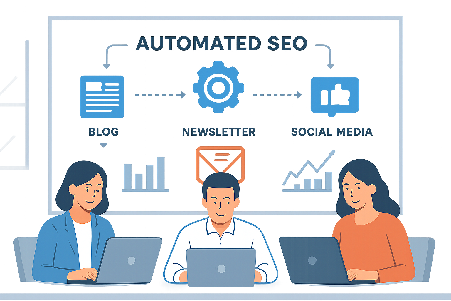Equipo de marketing digital diseñando un flujo de trabajo SEO automatizado
