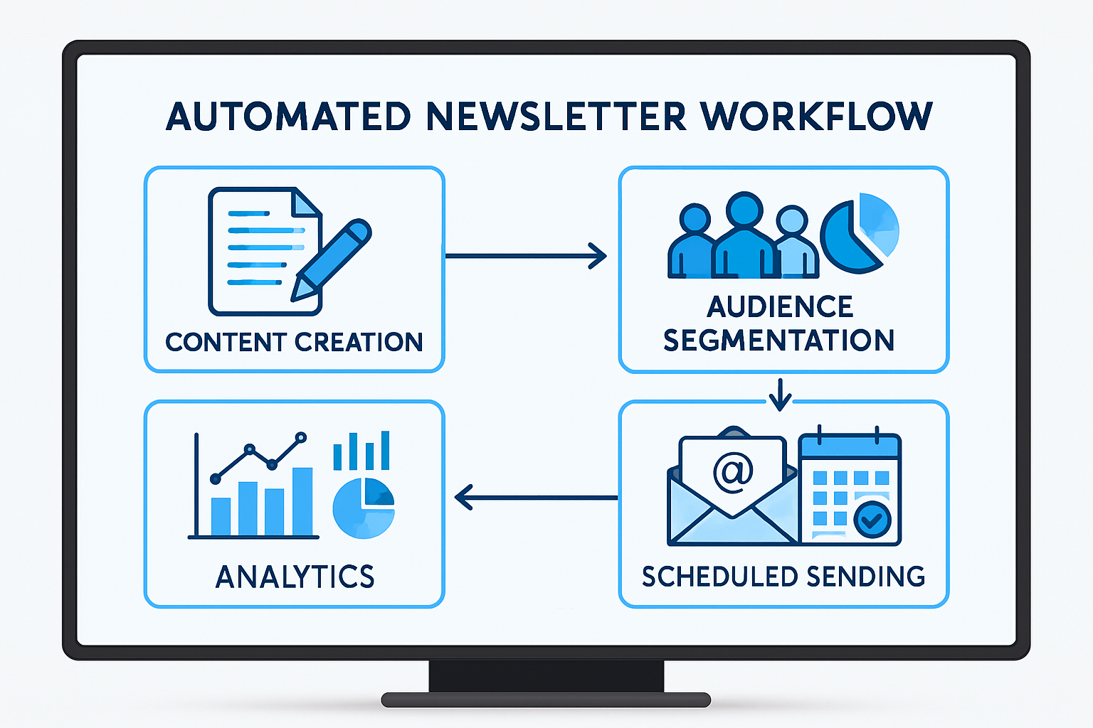 Flujo de automatización de newsletter mostrando segmentación y envío automático de emails