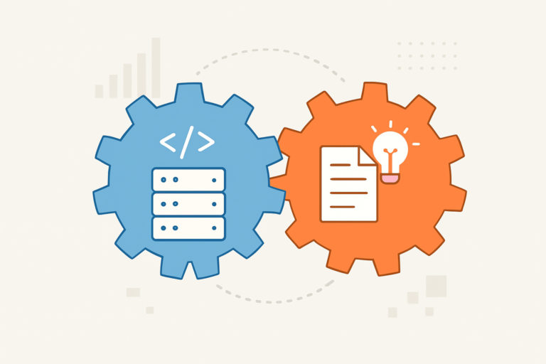 Ilustración de SEO técnico y SEO de contenidos trabajando de forma complementaria