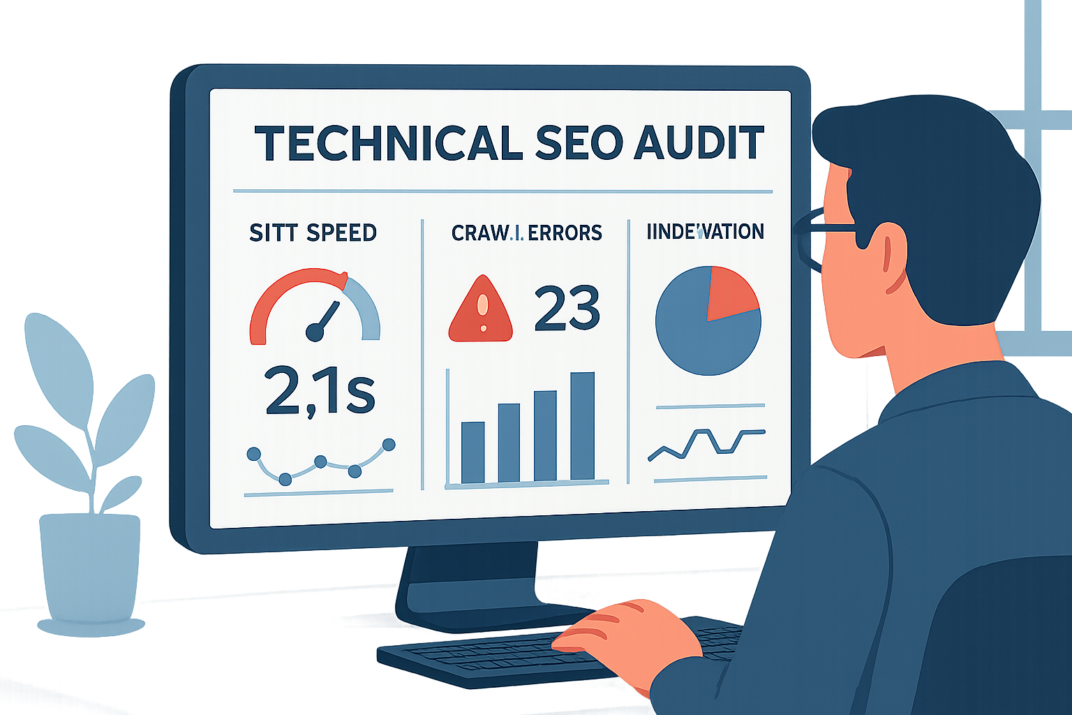 Auditoría de SEO técnico con métricas de velocidad e indexación en pantalla