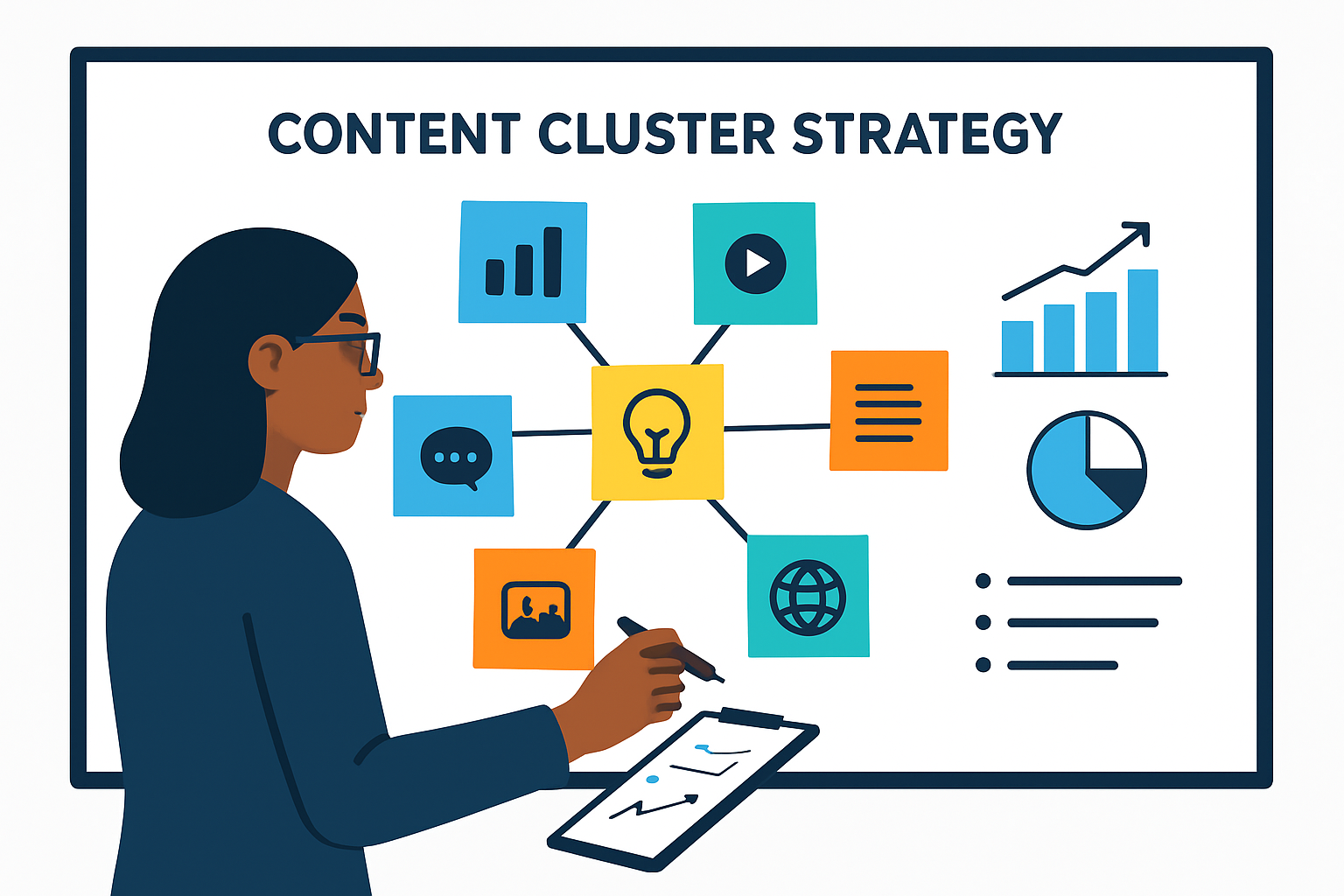 Estrategia de clusters de contenidos para SEO planificada en pizarra