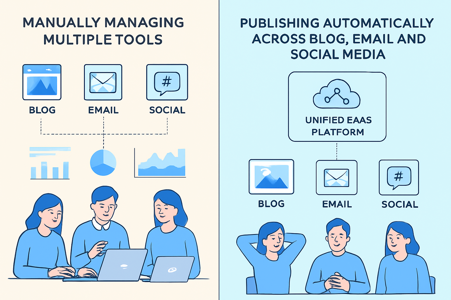 Comparativa de gestión manual versus automatización de contenido con plataforma SaaS