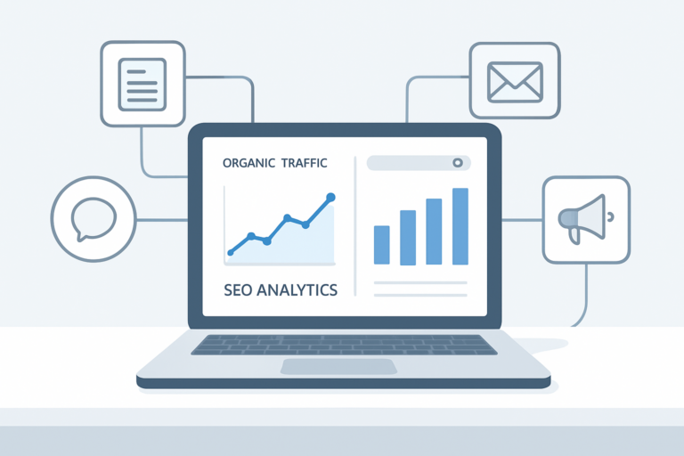 Dashboard de ROI de automatización SEO con métricas de tráfico orgánico y canales conectados