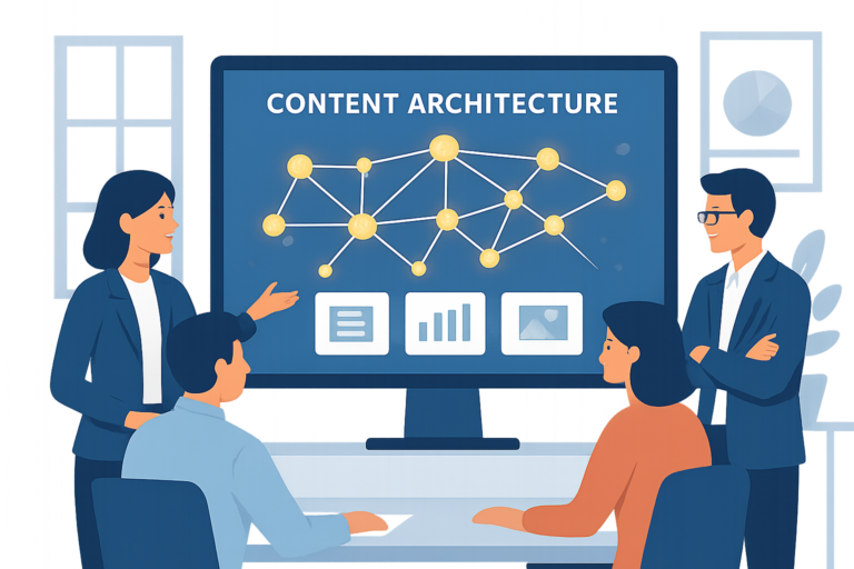 Equipo de marketing revisando una estrategia de interlinking automático SEO en un diagrama de arquitectura de contenidos