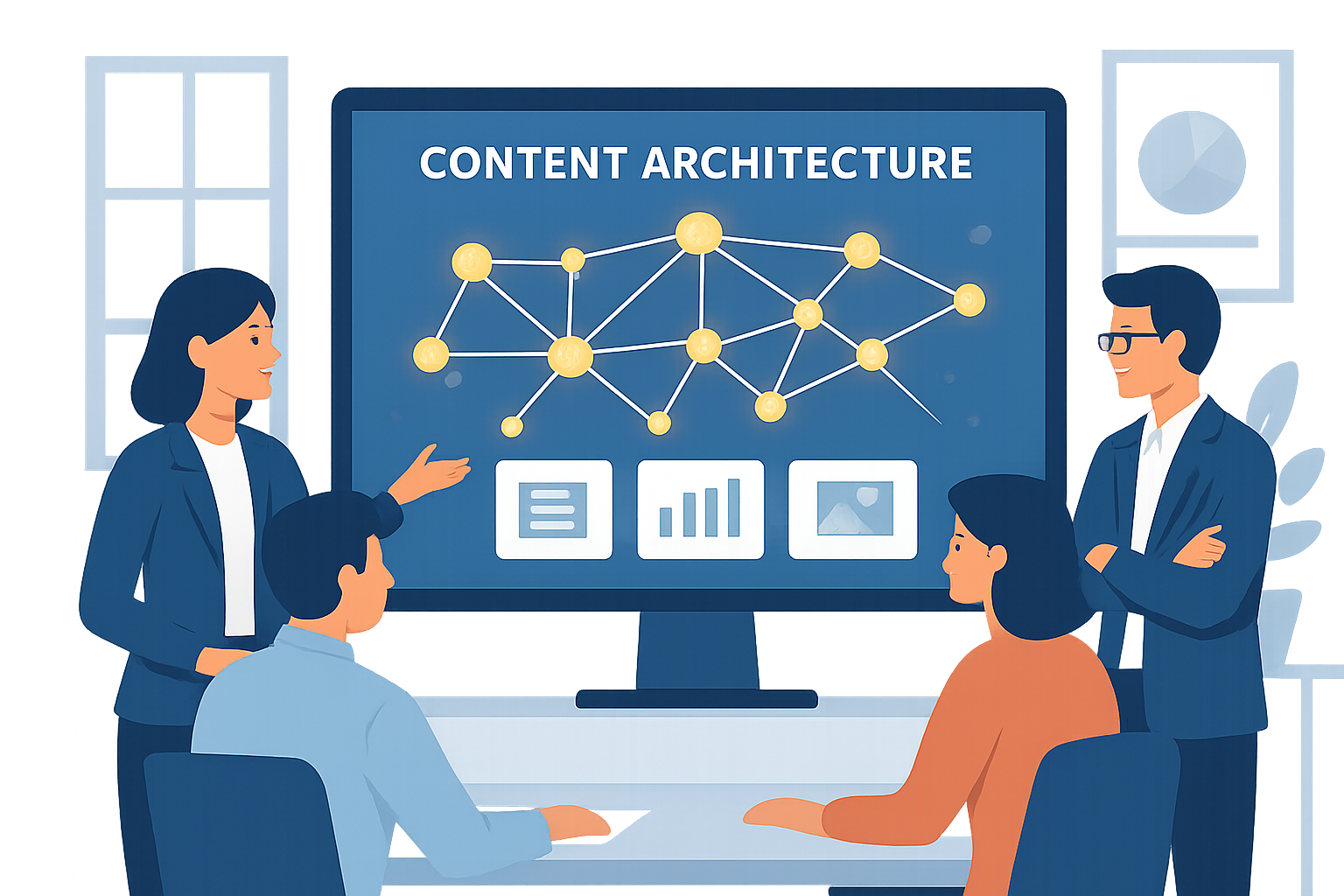 Equipo de marketing revisando una estrategia de interlinking automático SEO en un diagrama de arquitectura de contenidos