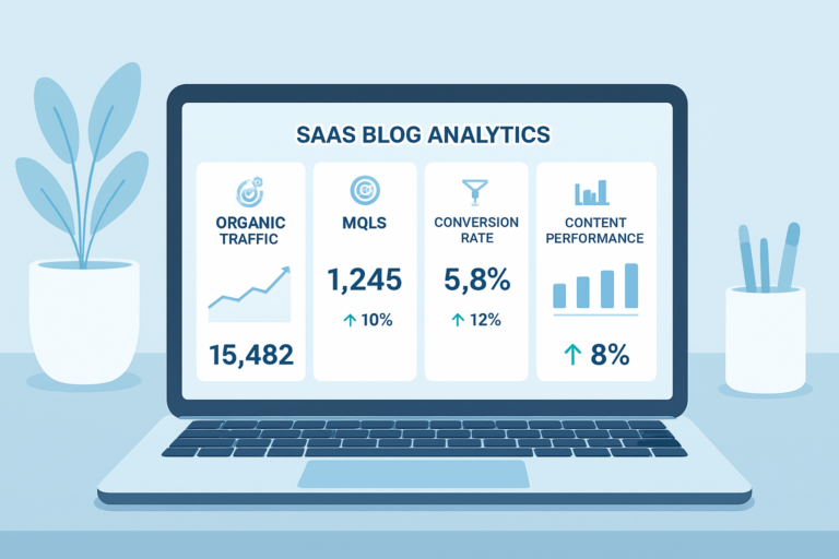 Panel de métricas de blog SaaS con indicadores de tráfico orgánico y conversión
