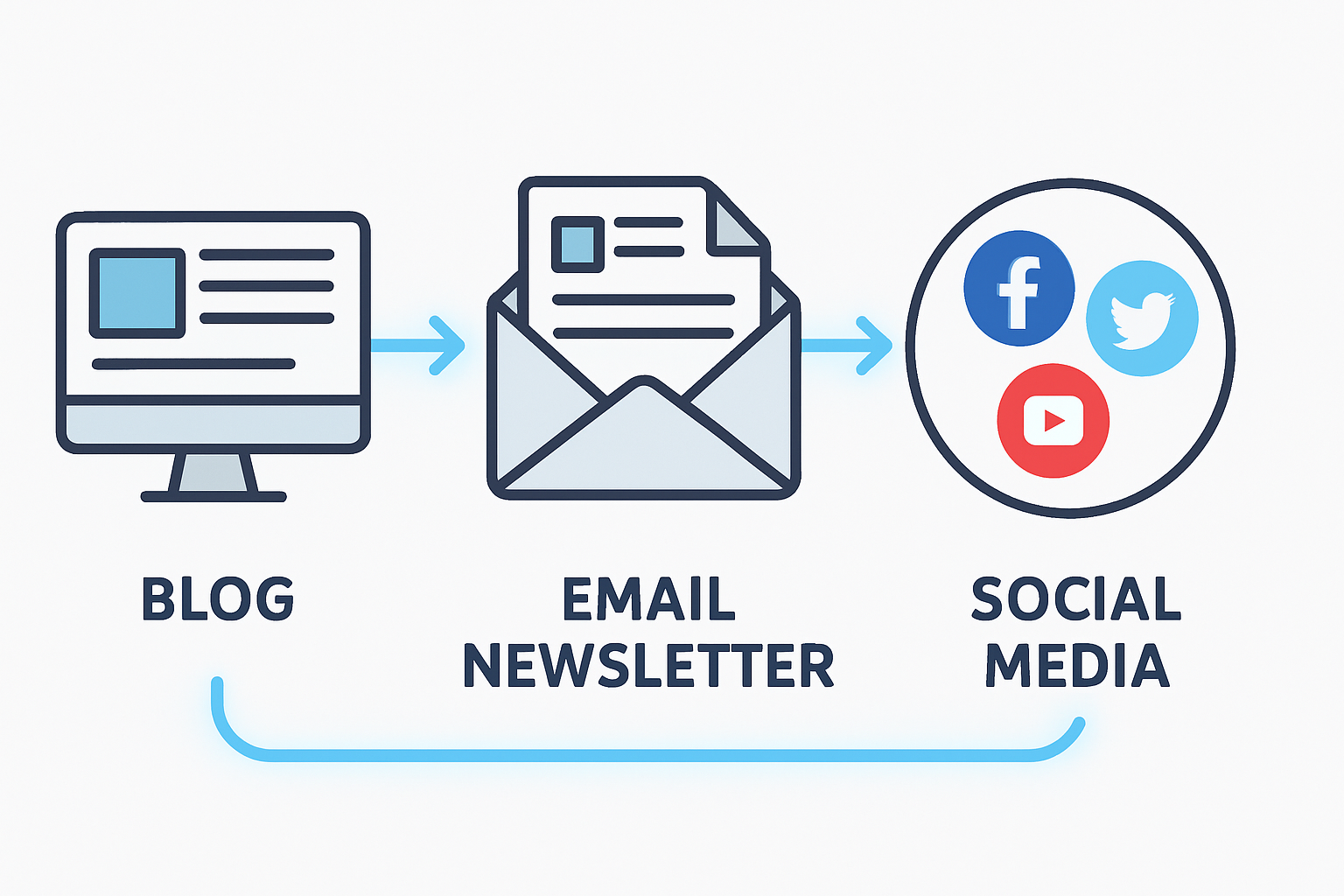 Flujo de trabajo automatizado que conecta blog, newsletter y redes sociales en una estrategia SEO unificada