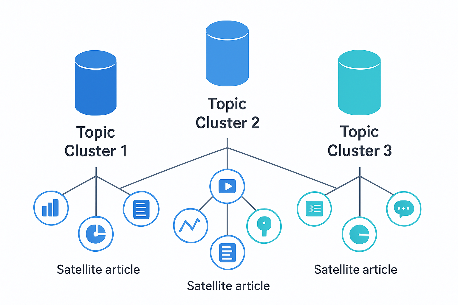 Diagrama de clústeres temáticos para la estructura del blog de un SaaS