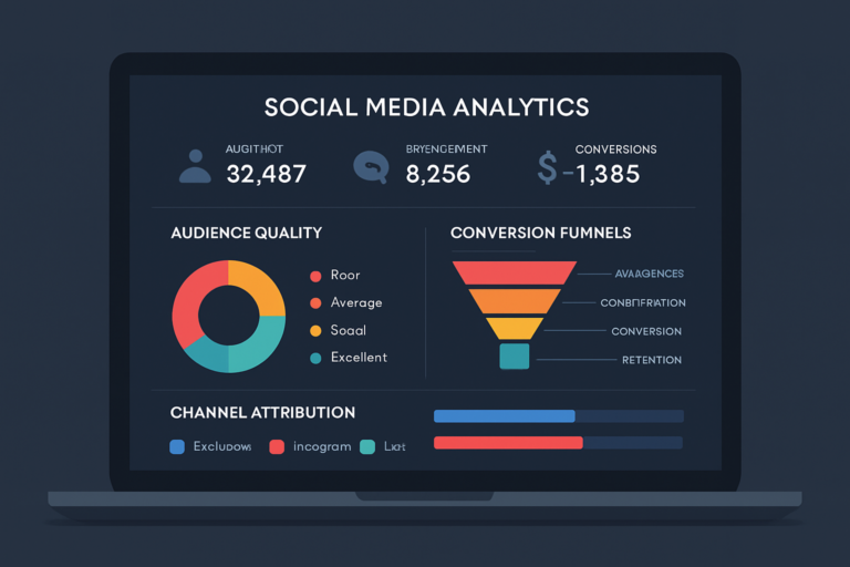 Panel de métricas de redes sociales para un SaaS con gráficos de conversión y calidad de audiencia