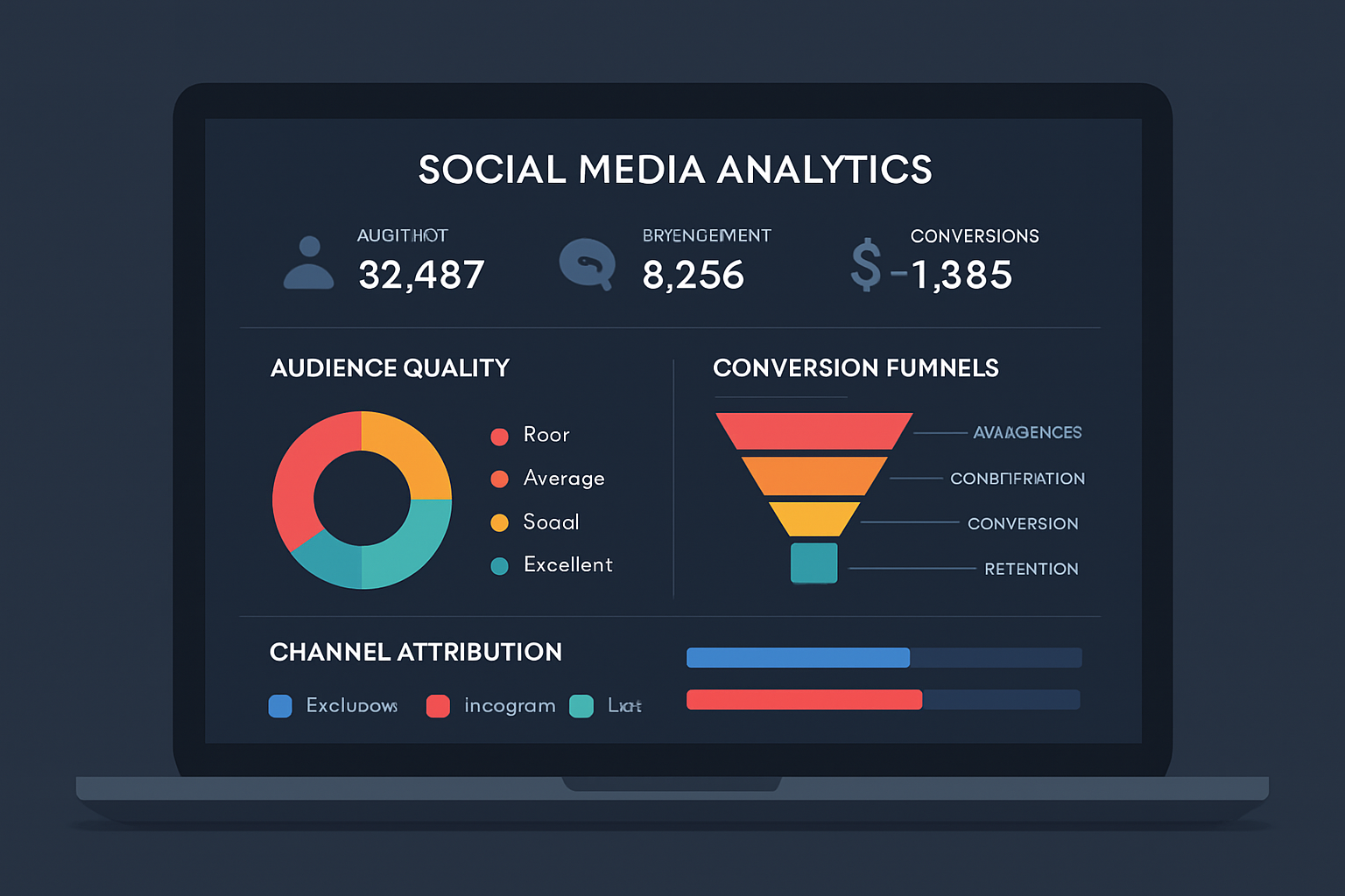 Panel de métricas de redes sociales para un SaaS con gráficos de conversión y calidad de audiencia