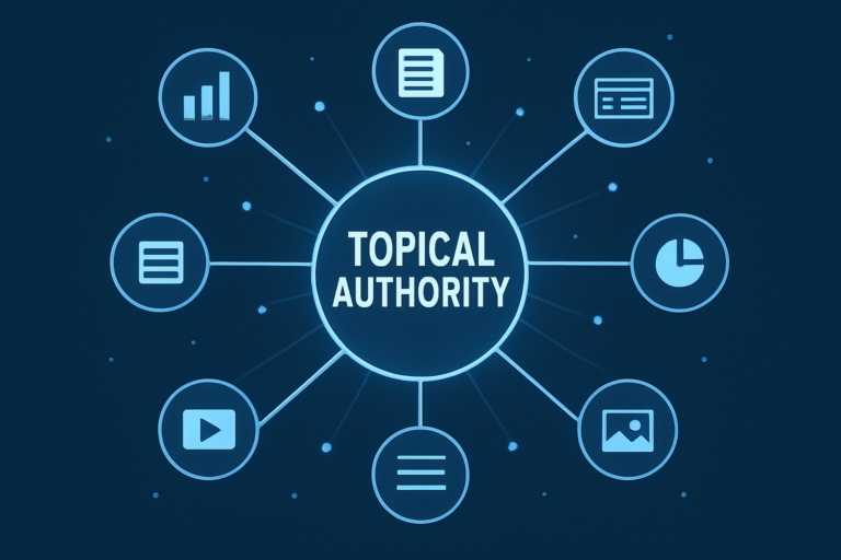 Diagrama de autoridad temática SEO con clústeres de contenido interconectados