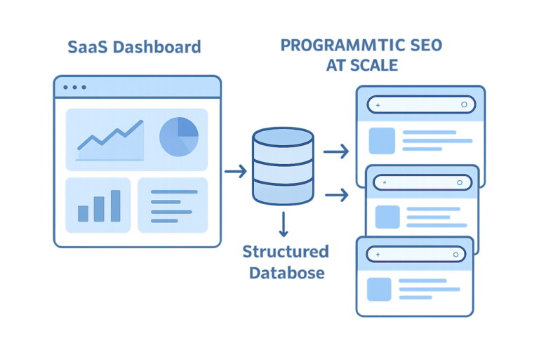 Diagrama de SEO programático para SaaS mostrando generación automática de páginas desde una base de datos