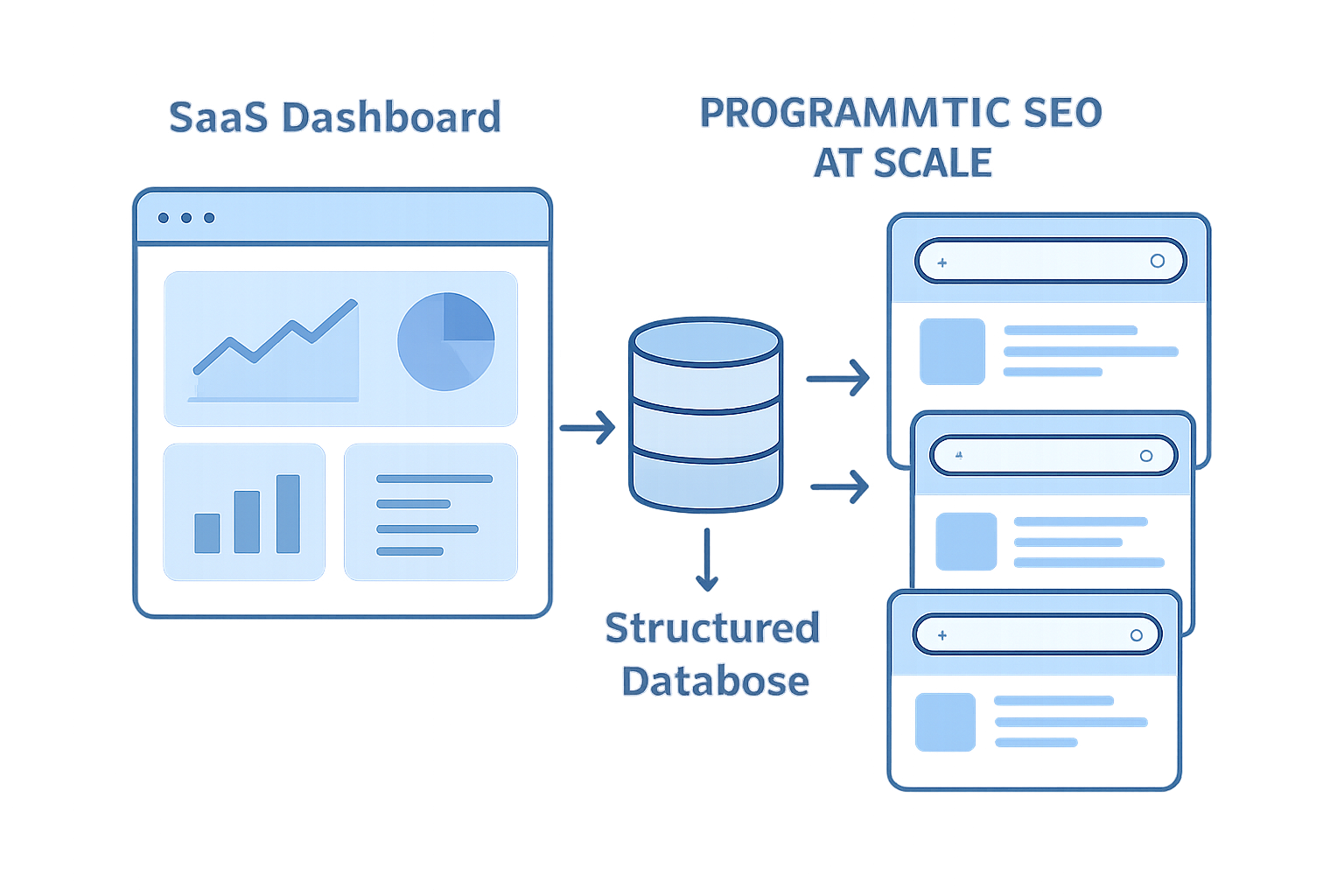 Diagrama de SEO programático para SaaS mostrando generación automática de páginas desde una base de datos
