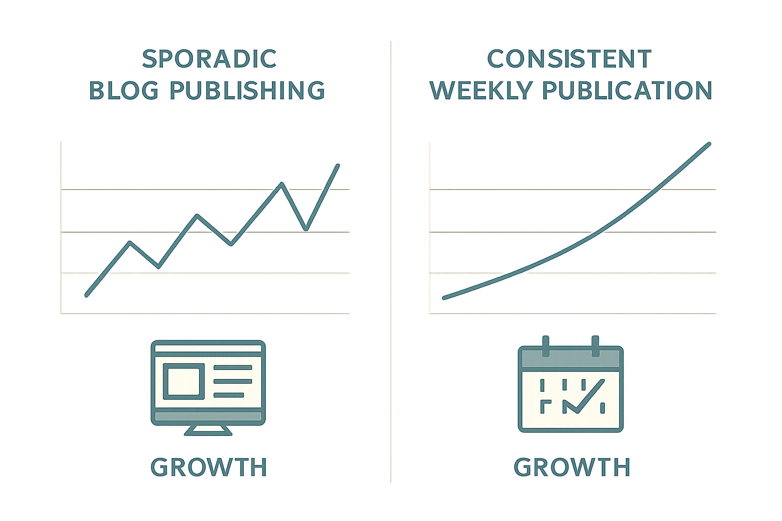 Comparación del crecimiento orgánico con publicación irregular vs consistente en blog SaaS