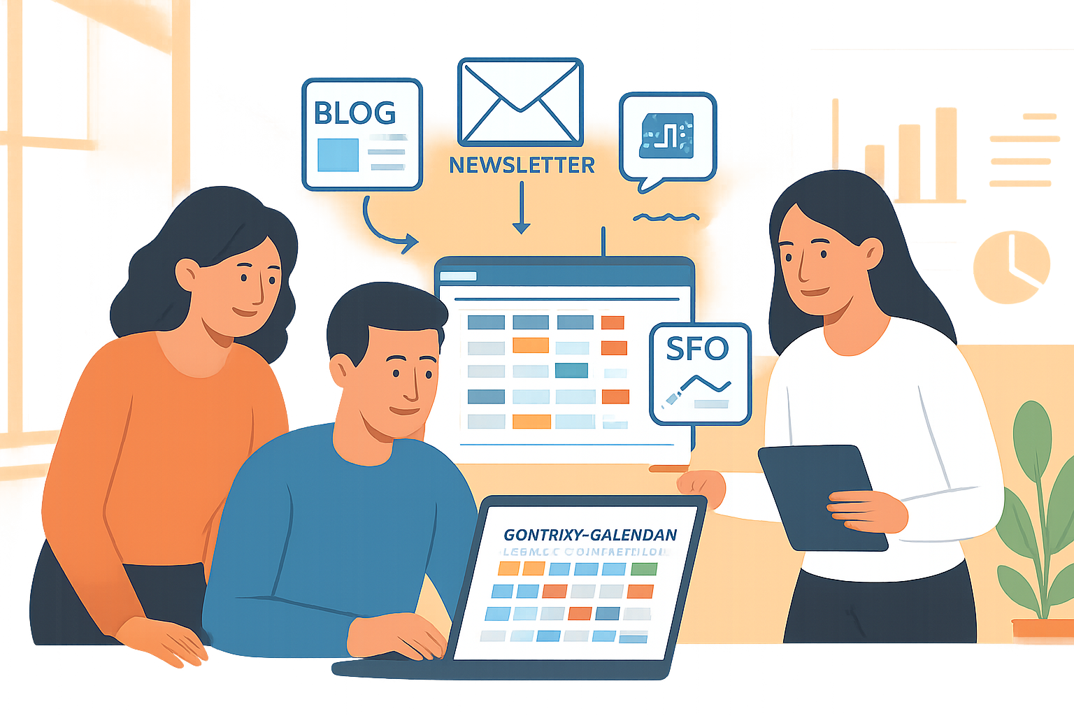 Automatización de estrategia de contenidos para autoridad temática Equipo de marketing digital gestionando estrategia de contenidos automatizada para SEO