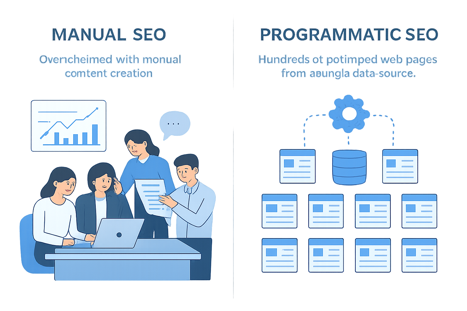 Comparación entre creación manual de contenido y SEO programático automatizado para SaaS