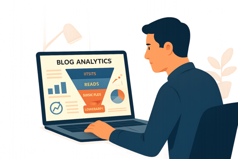 Fundador de SaaS revisando métricas de conversión de lectores de blog en clientes