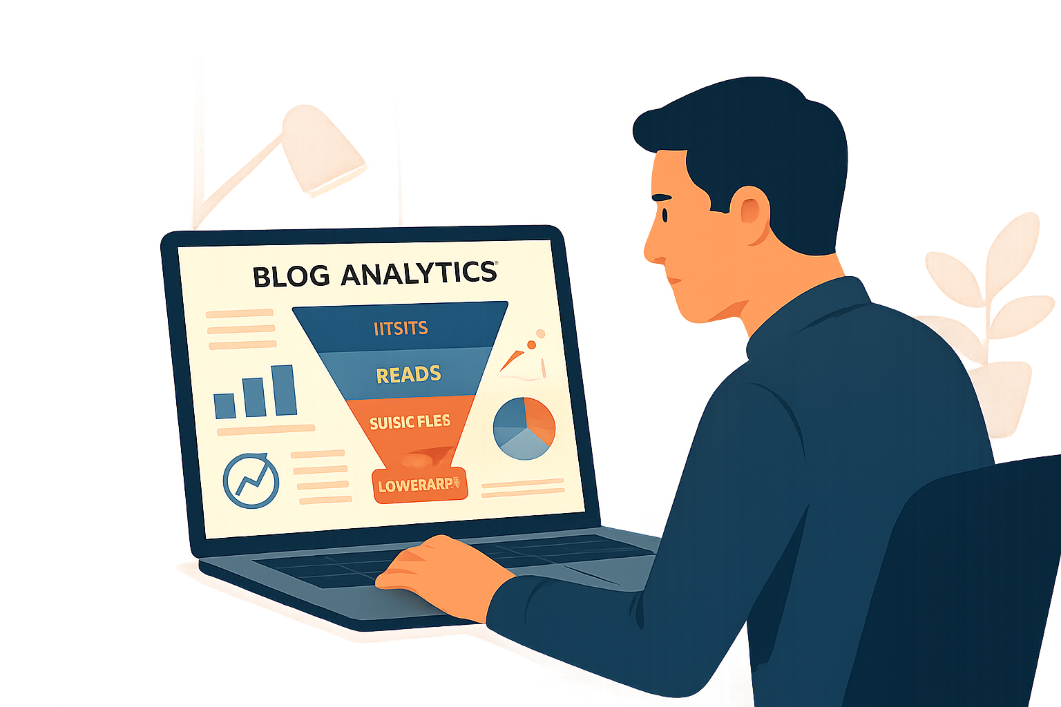 Fundador de SaaS revisando métricas de conversión de lectores de blog en clientes
