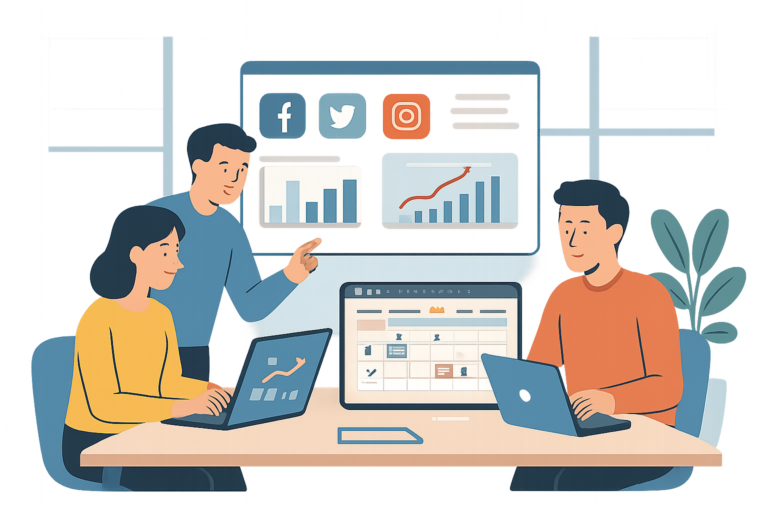 Equipo pequeño gestionando múltiples redes sociales desde un calendario editorial centralizado
