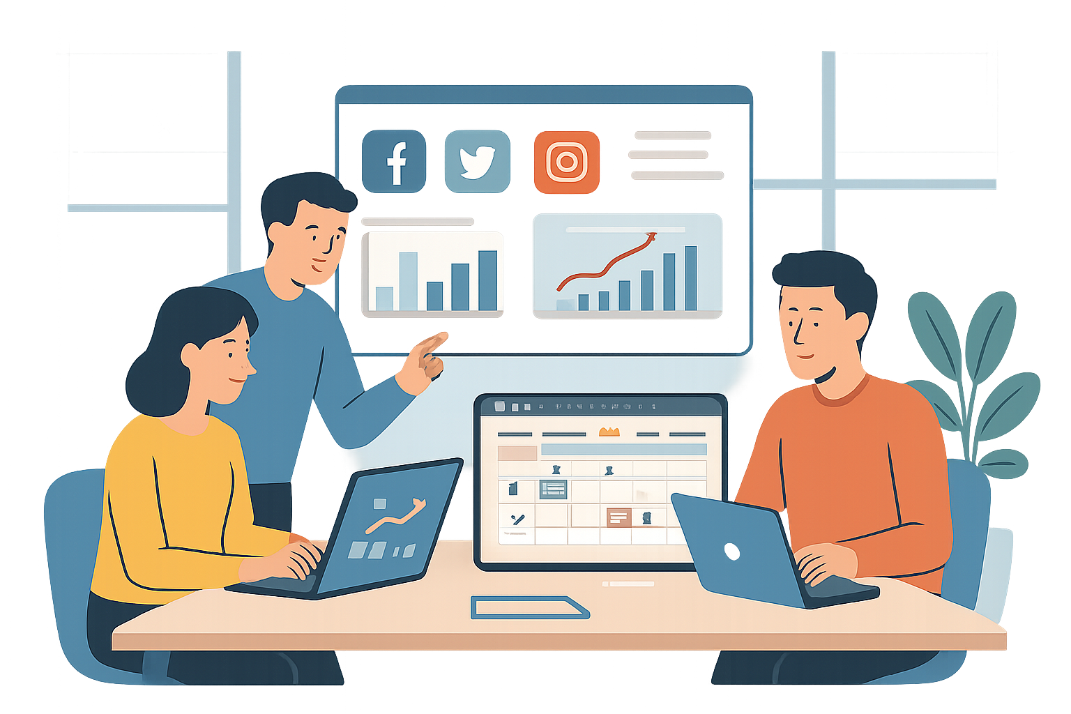 Equipo pequeño gestionando múltiples redes sociales desde un calendario editorial centralizado