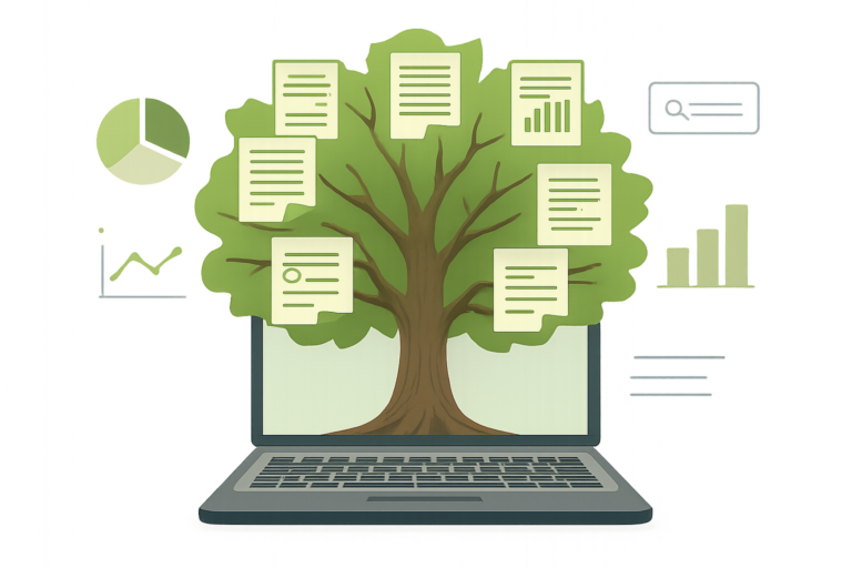 Árbol de contenido evergreen creciendo desde un ordenador, simbolizando el posicionamiento SEO sostenible a largo plazo