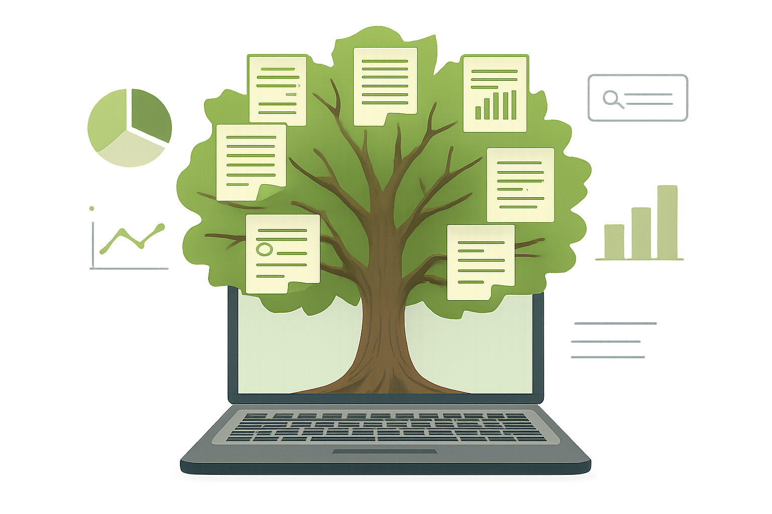 Árbol de contenido evergreen creciendo desde un ordenador, simbolizando el posicionamiento SEO sostenible a largo plazo