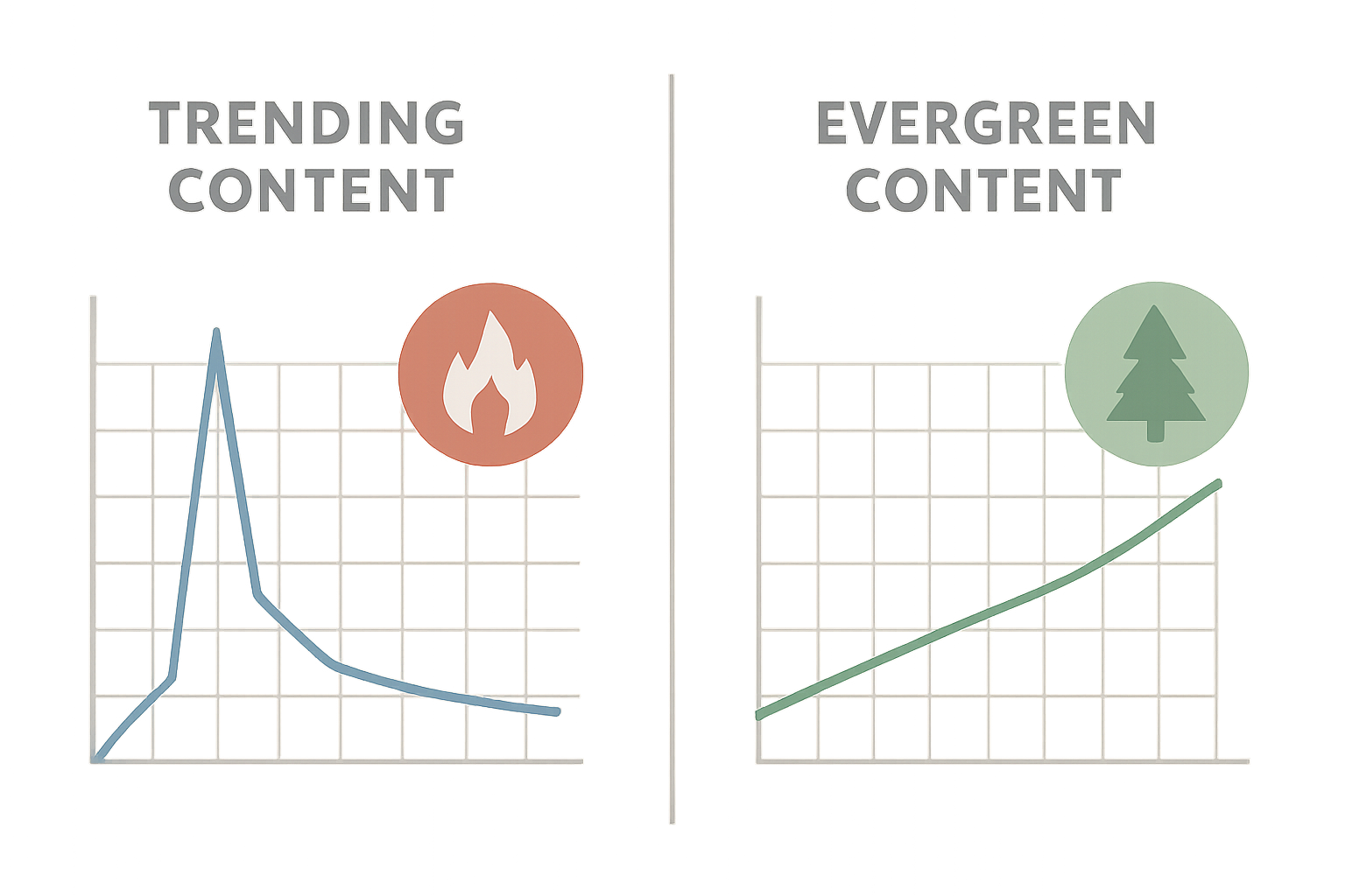 Comparación visual entre tráfico de contenido de tendencia con pico efímero y tráfico de contenido evergreen con crecimiento sostenido