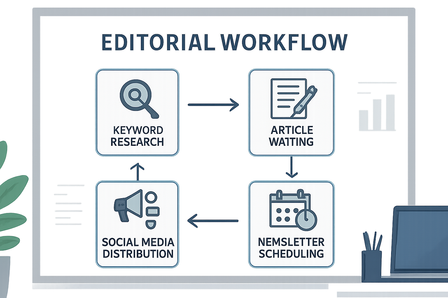 Flujo de trabajo sistemático para crear y distribuir contenido evergreen en blog, newsletter y redes sociales